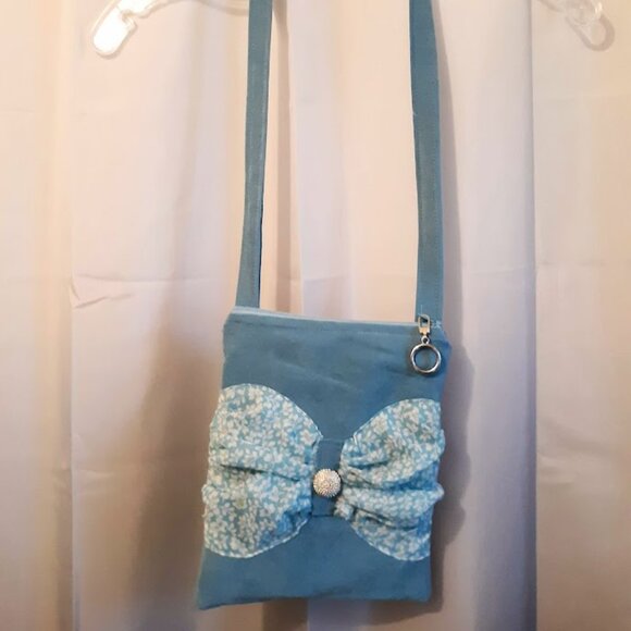 NEW Velvet texture Sueded Floral Bow Shoulder bag Purse Blue Cute Girlie Sling - Picture 2 of 9